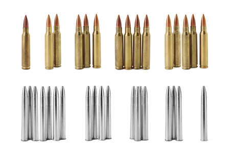 Set of many bullets on white background. Firearm ammunition