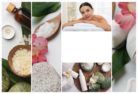 Beauty and health care, collage. Photo of woman relaxing in spa salon, different supplies and products. Space for textの写真素材