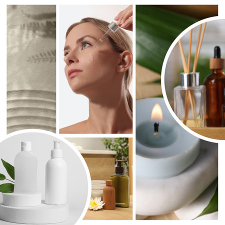Spa treatment, collage. Photo of beautiful woman applying serum, different skin care productsの写真素材
