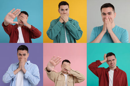 Collage with photos of embarrassed man on different color backgrounds