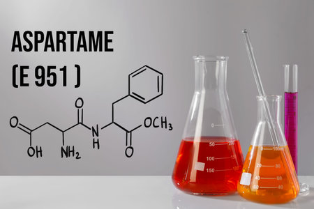 Chemical structural formula of aspartame (E951) and laboratory glassware with liquids on gray tableの写真素材