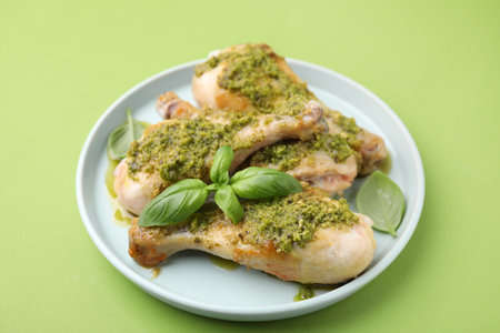 Delicious fried chicken drumsticks with pesto sauce and basil on green tableの写真素材