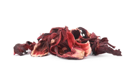 Pile of dry hibiscus tea isolated on whiteの写真素材