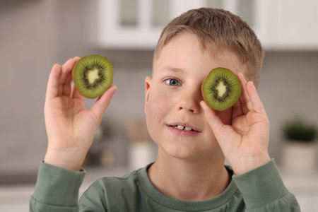 Cute boy with fresh kiwi at homeの写真素材