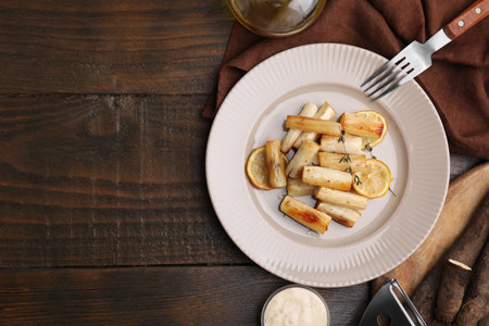 Plate with baked salsify roots, lemon, fork and sauce on wooden table, flat lay. Space for textの写真素材