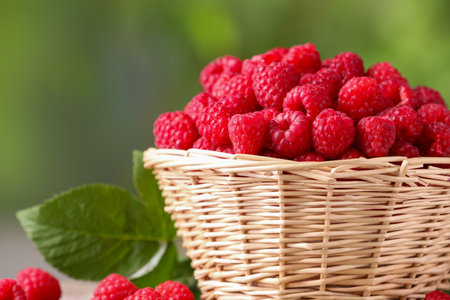 Wicker basket with tasty ripe raspberries on blurred green background, closeup