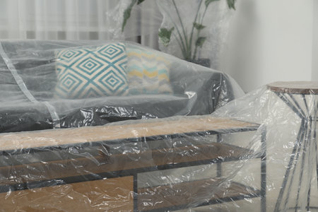 Modern furniture and houseplant covered with plastic film at home