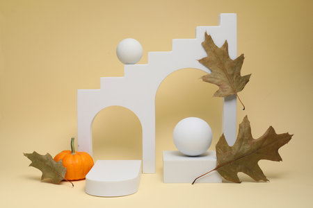 Autumn presentation for product. Geometric figures, pumpkin and dry leaves on beige backgroundの写真素材