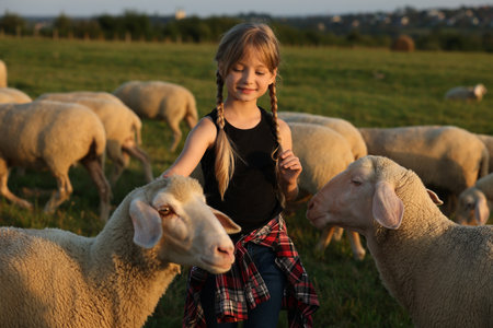 Girl stroking sheep on pasture. Farm animalsの写真素材