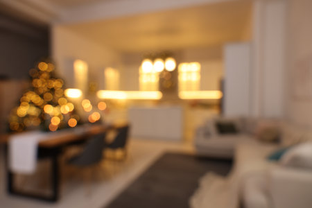 Blurred view of cozy kitchen decorated for Christmas. Interior designの写真素材