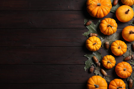 Thanksgiving day. Flat lay composition with pumpkins on dark wooden table, space for textの写真素材