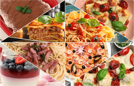 Different tasty Italian dishes. Collage of pasta, lasagna, ravioli, desserts and pizzaの写真素材