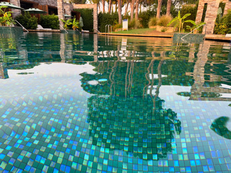 Swimming pool and exotic plants at luxury resortの写真素材