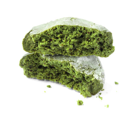 Tasty broken matcha cookie on white backgroundの写真素材