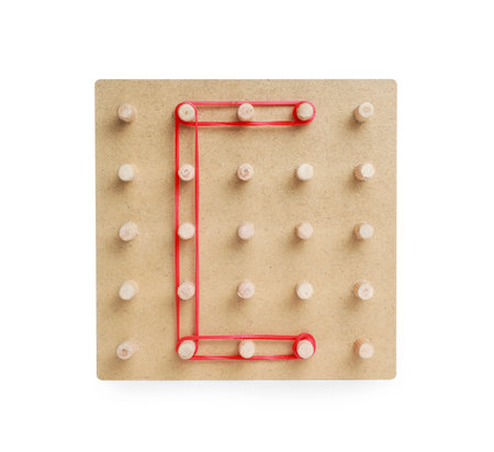 Wooden geoboard with letter C made of rubber bands isolated on white. Educational toy for motor skills developmentの写真素材