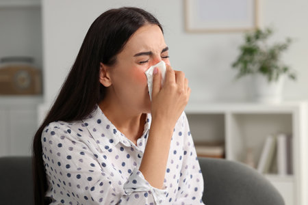 Suffering from allergy. Young woman blowing her nose in tissue at homeの写真素材