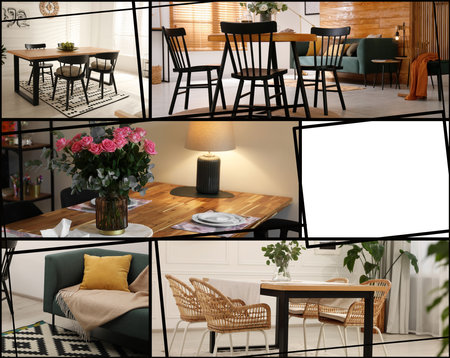 Ideas of stylish dining room interior design, collage of photos. Space for textの写真素材
