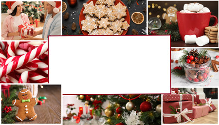 Christmas themed collage, banner design. Collection of festive photos, space for textの写真素材