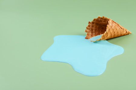 Melted ice cream and wafer cone on green background. Space for text