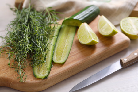 Fresh tarragon leaves, cucumber, lime and knife on white wooden table, closeupの写真素材
