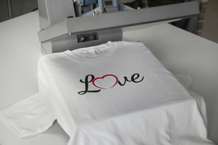 Printing logo. Heat press with t-shirt on white table