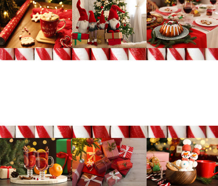 Christmas themed collage. Collection of festive photos, space for textの写真素材