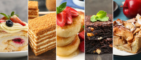 Assortment of tasty desserts. Collage with different meals, closeupの写真素材
