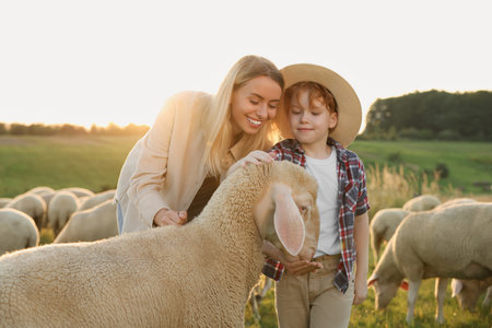 Mother and son feeding sheep on pasture. Farm animalsの写真素材
