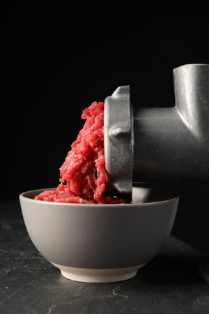 Mining beef with metal meat grinder on dark textured table against black background, closeupの写真素材