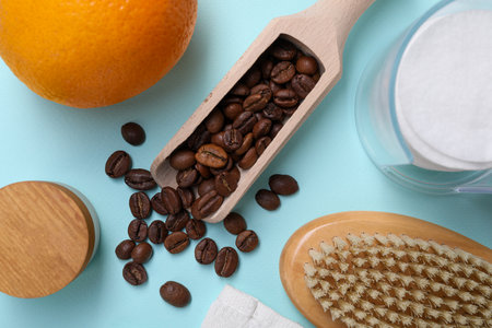 Coffee beans, orange and brush on light blue background, flat lay. Anti cellulite treatmentの写真素材