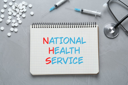 National health service (NHS). Notebook with text, stethoscope, pills and syringes on grey background, flat layの写真素材