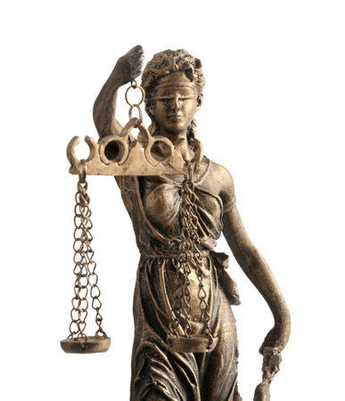 Statue of Lady Justice isolated on white. Symbol of fair treatment under lawの写真素材