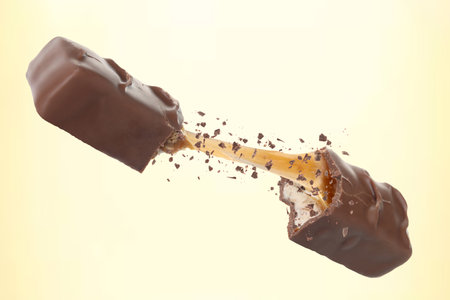 Broken chocolate bar with yummy caramel in air on beige backgroundの写真素材
