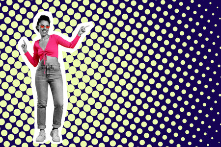 Stylish artwork with happy woman dancing and pointing at something on color background. Space for textの写真素材