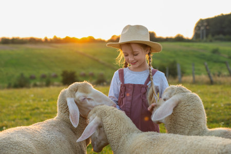 Girl with sheep on pasture. Farm animalsの写真素材