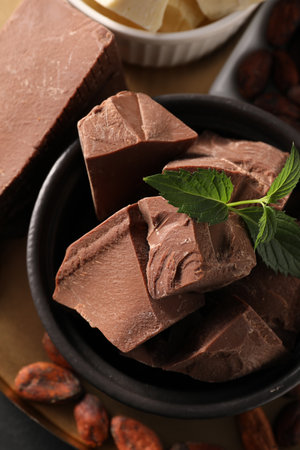 Pieces of tasty milk chocolate and mint on table, top view