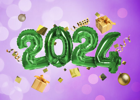 New 2024 Year. Green number shaped balloons, gift boxes, baubles and confetti on violet background...