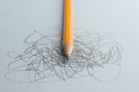 One sharp graphite pencil and scribbles on white background, closeup
