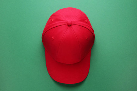 Stylish red baseball cap on green background, top view