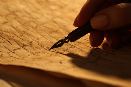Woman writing letter with fountain pen, closeup