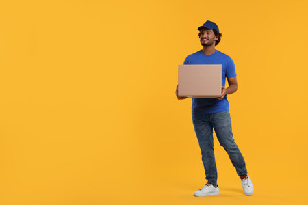 Happy courier with parcel on orange background, space for textの写真素材