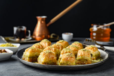 Delicious fresh baklava with chopped nuts on gray table. Eastern sweets