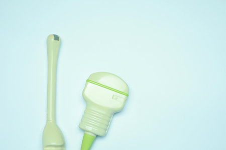 Ultrasonic transducers on light background, flat lay. Space for textの写真素材