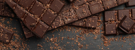 Tasty chocolate bars and shavings on dark gray table, flat lay. Banner design