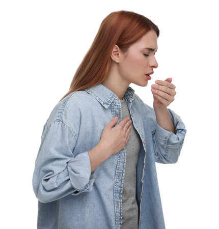 Woman coughing on white background. Cold symptomsの写真素材