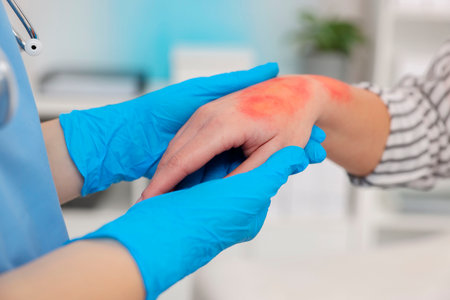 Doctor examining patient's burned hand in hospital, closeup
