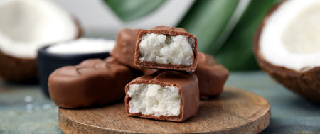 Delicious milk chocolate candy bars with coconut filling on blue wooden table, closeup. Banner designの写真素材