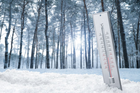 Weather thermometer in snow outdoors on winter day, space for text