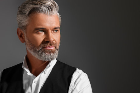 Portrait of confident man with beautiful hairstyle on dark background. Space for textの写真素材