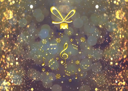 Christmas ball made of music notes and snowflakes against background with blurred lights. Bokeh effectの写真素材